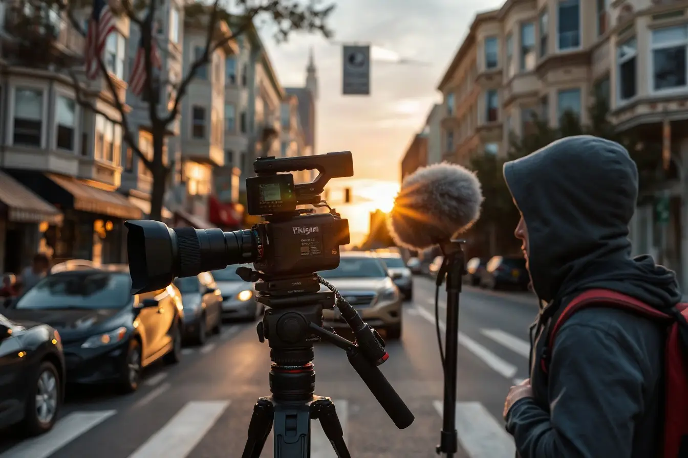 Video crew producing an on-location shoot on a San Francisco street